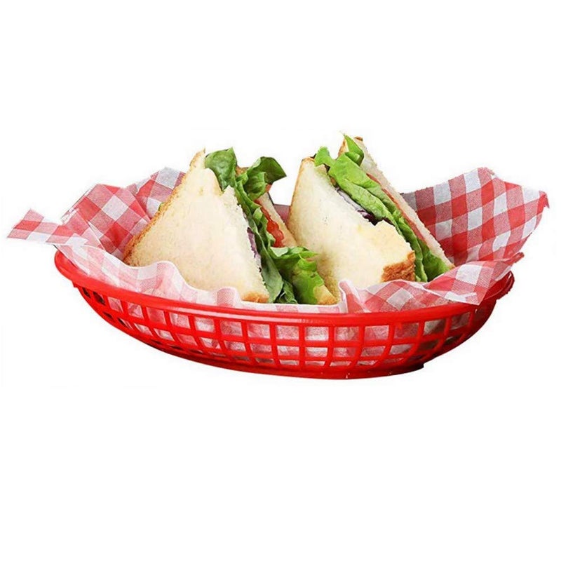 FEOOWV Retro Style Fast Food Basket (12Pk) and Checkered Deli Liner (100 Pk) Combo. Fast Food Basket Are Dishwasher Safe. Disposable Deli Paper Squares for Easy Cleanup (Red) - Image 5